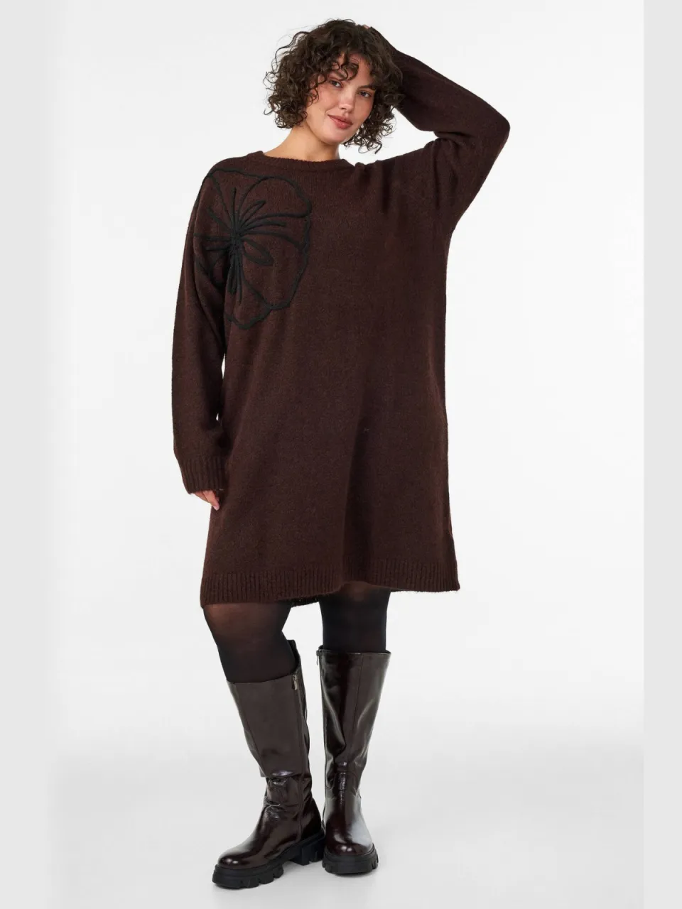 Zizzi Plus Size gebreide midi jurk met borduursels en wol - donkerbruin, foto 5