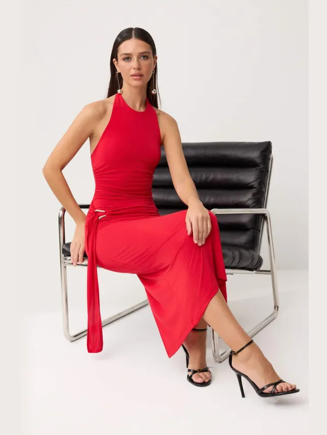Trendyol TRENDYOLMİLLA Dames Rood Effen Midi Mouwloos Bodycon Jurken
