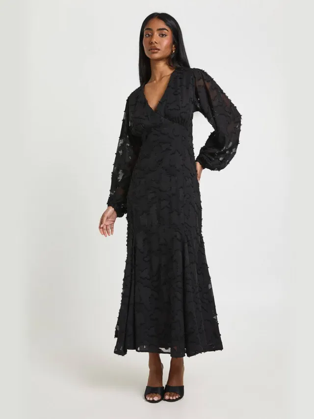 boohoo Dames Burnout Bloemenprint Wijduitlopende Mouwen Midaxi Jurk Zwart