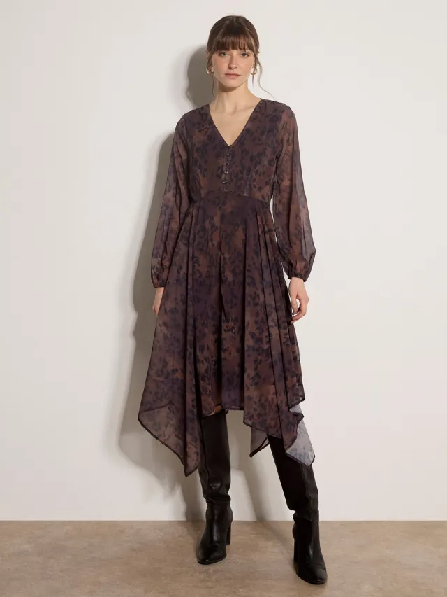 Apricot Midi-jurk van chiffon met luipaardprint Bruin