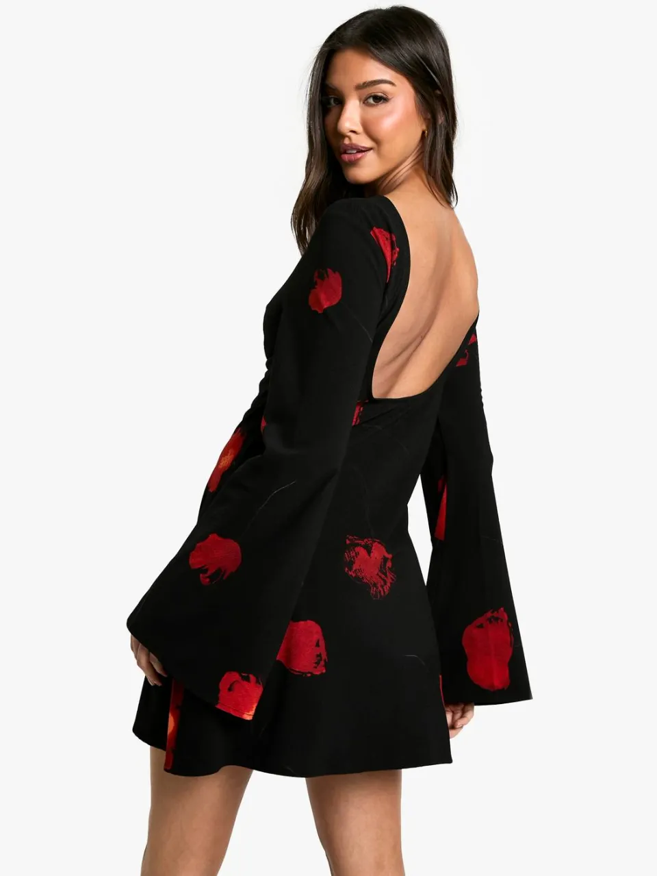 boohoo Dames Donkere Bloemrijke Jurk met Lage Rug en Flare Mouwen zwart, foto 2