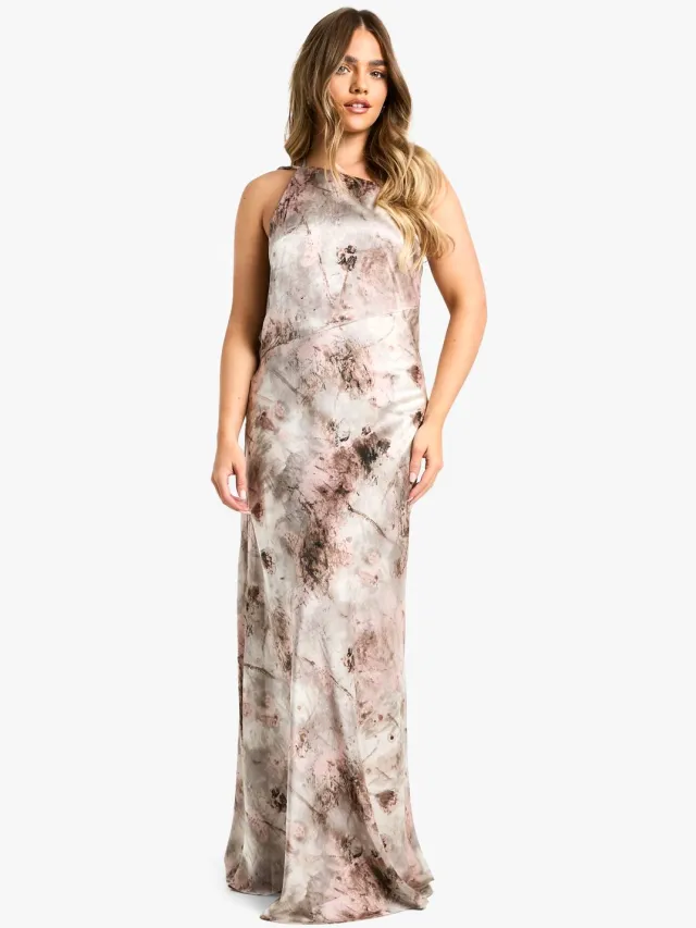 boohoo Dames Petite Cowl Back Abstract Maxi Jurk Zilver