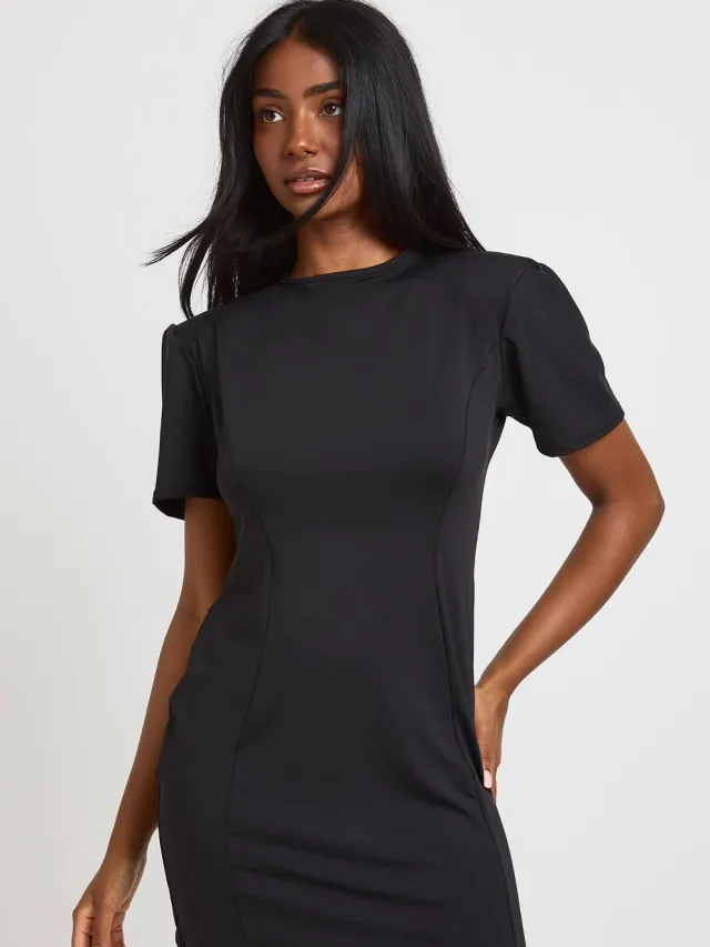 boohoo Dames Superzachte Mini-jurk Met Naaddetail En Schoudervulling Zwart
