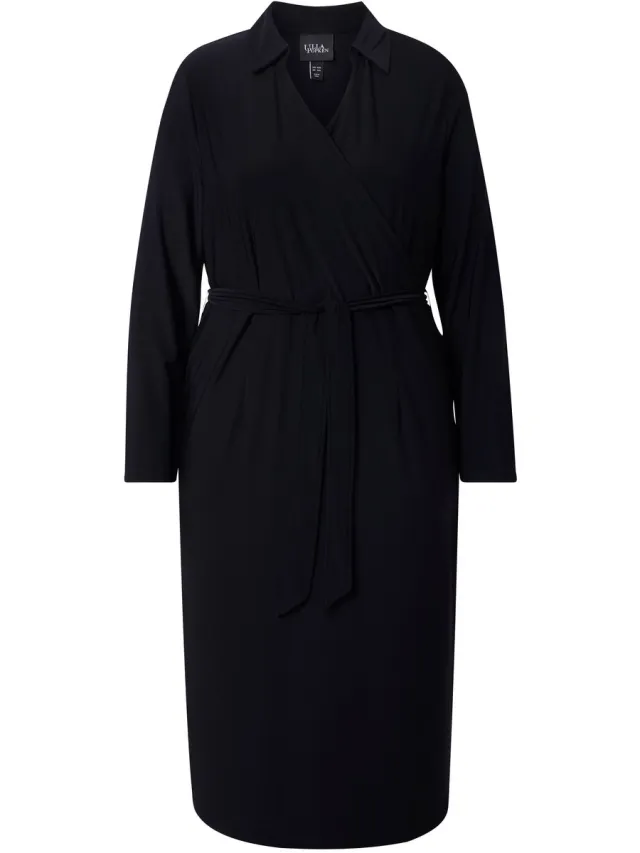 Ulla Popken Dames - Midi-jurk wikkellook overhemdkraag lange mouwen - Zwart - Maat 62+