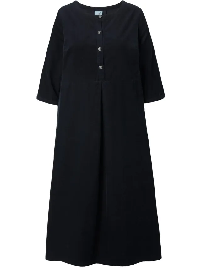 Ulla Popken Dames - Maxi-jurk van corduroy ronde hals sierplooi 3/4-mouwen - Zwart - Maat 46+