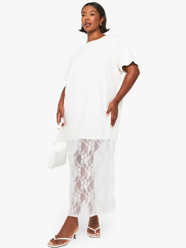 boohoo Dames Plus midaxi t-shirtjurk met kanten details Wit