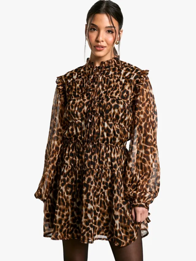 boohoo Dames Leopard Tie Chiffon Smock Jurk Bruin