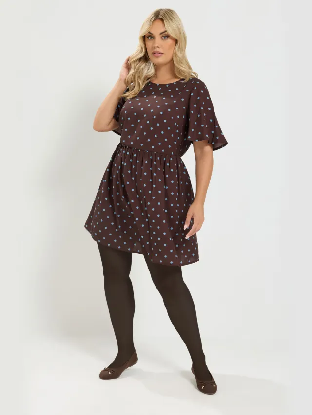 Yours Blauwe En Bruine Jurk Met Stippenprint Brown