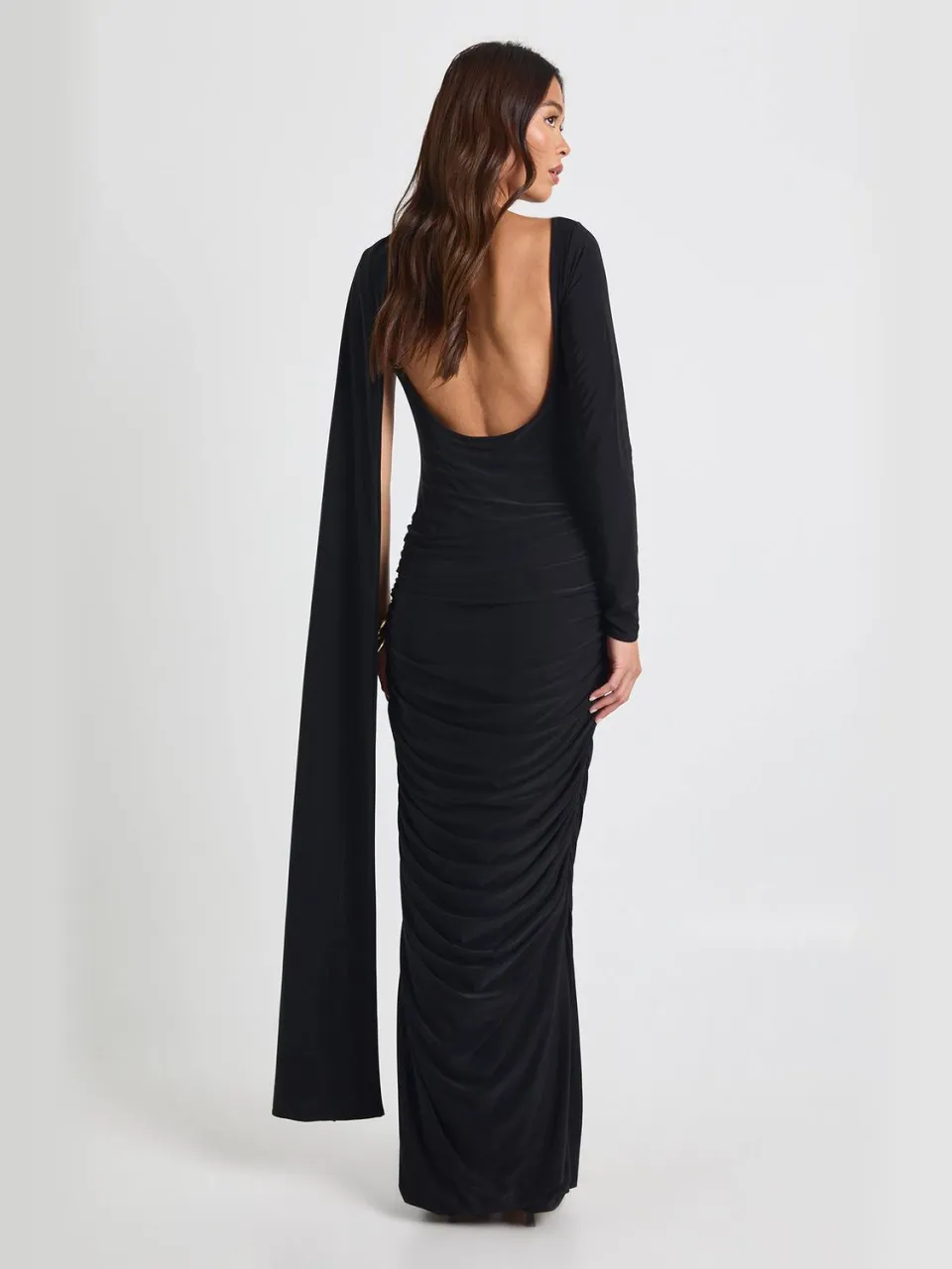 boohoo Dames Slinky maxi-jurk met lange mouwen en drapeeffect zwart, foto 2