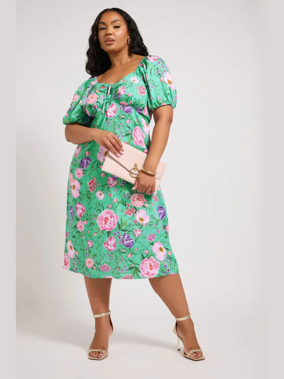 Yours London Midi Jurk Met Bloemenmotief En Korte Mouwen In Groen, foto 3