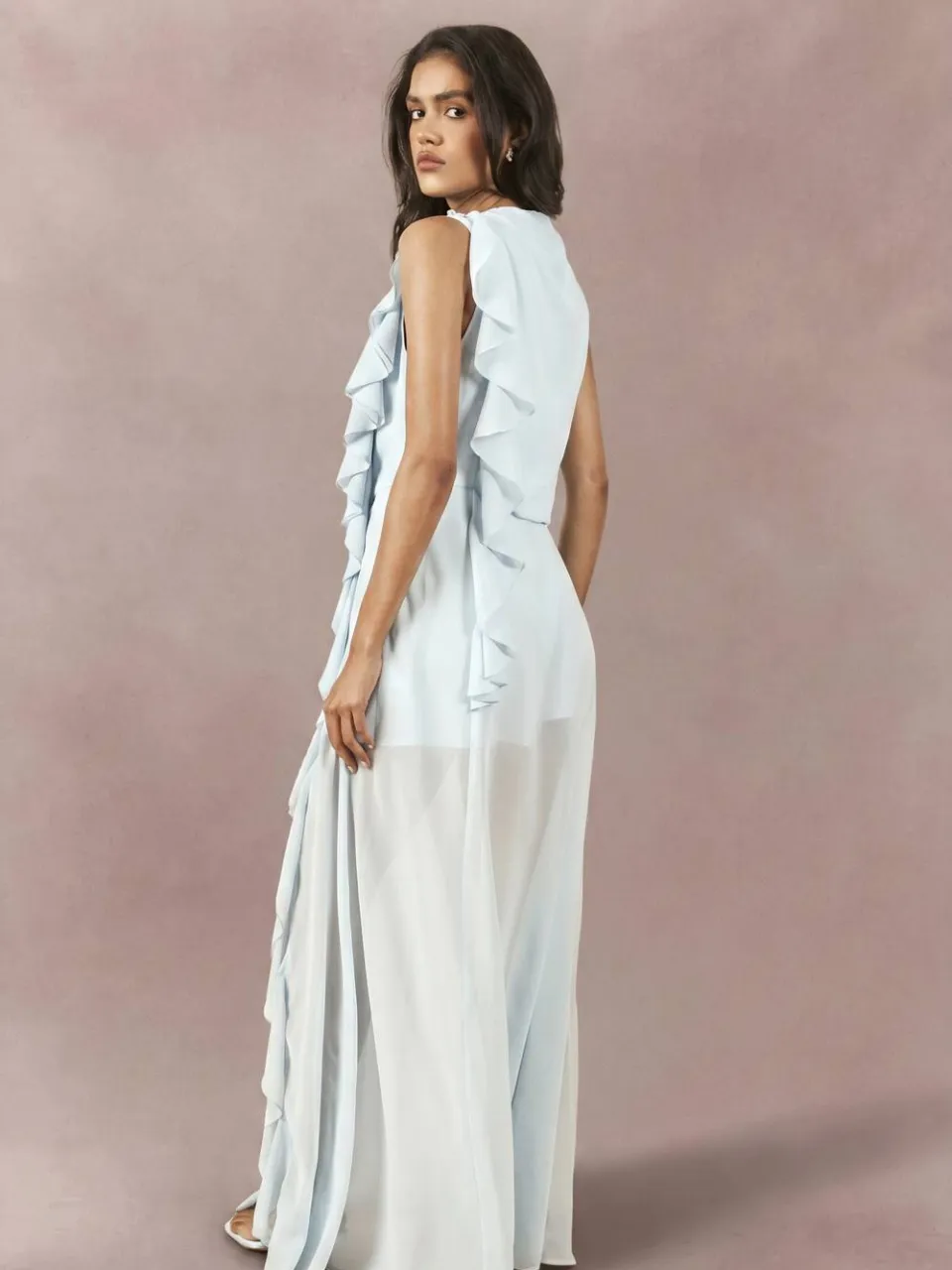 boohoo Dames Chiffon Maxi Jurk Met Hoge Hals En Ruche Detail stoffig blauw, foto 2