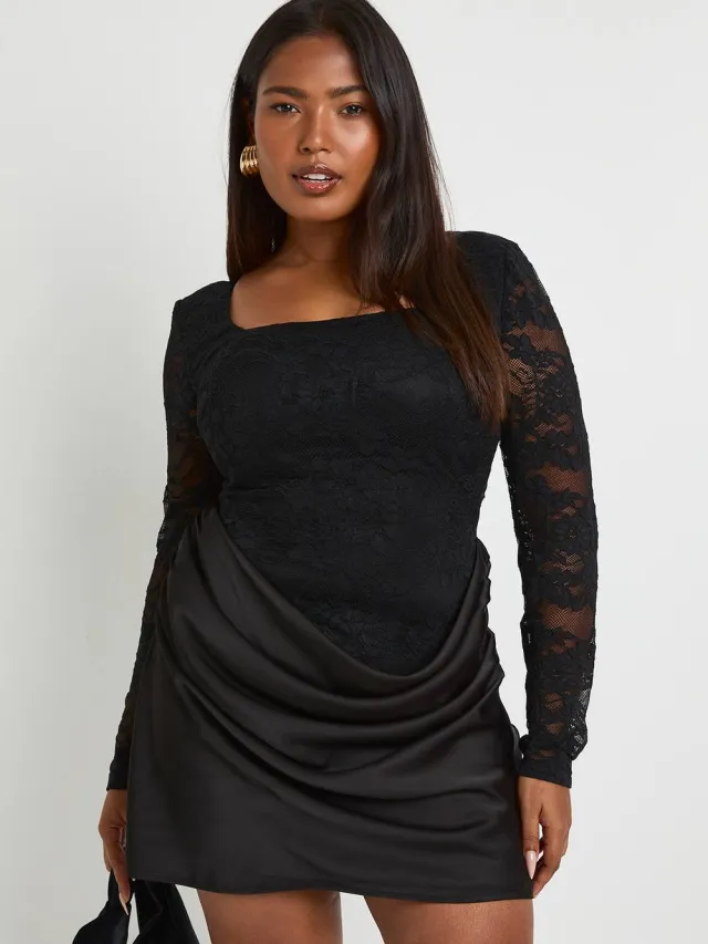 boohoo Dames Plus kantcorset met lange mouwen drape minijurk Zwart
