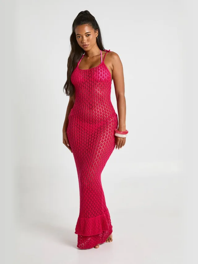 boohoo Dames Strand Gehaakte Maxi-jurk Met Strikbandjes Roze