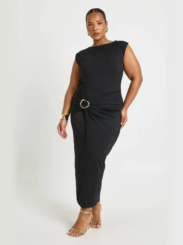 boohoo Dames Plus Geruched Wikkel Gouden Detail Midaxi Jurk Zwart