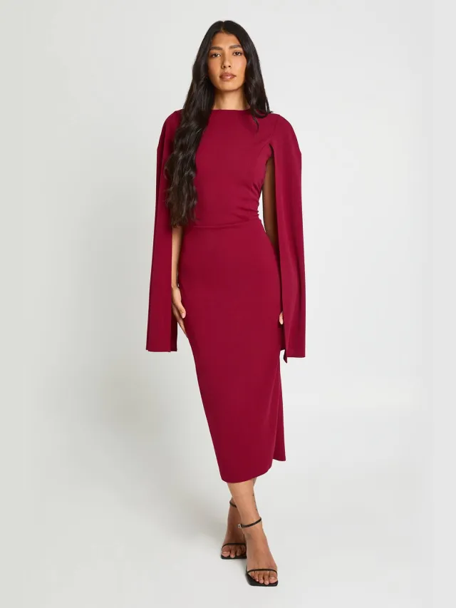 boohoo Dames Lange Midi Bodycon Jurk Met Cape Mouwen Bordeaux Rood