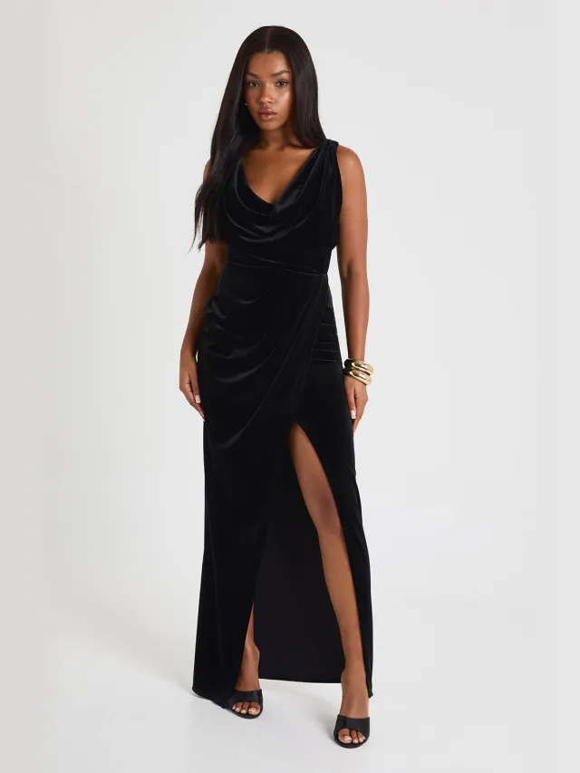 boohoo Dames Fluwelen gerimpelde wikkel maxi-jurk Zwart
