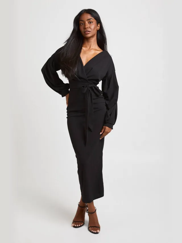 boohoo Dames Off-shoulder Wikkel Midaxi Jurk Zwart