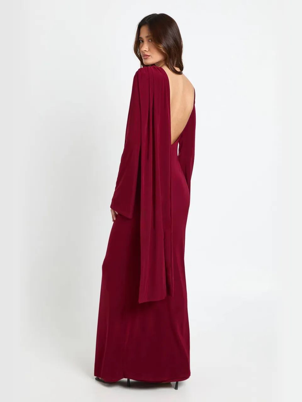 boohoo Dames Maxi-jurk met lange mouwen en drape details bordeaux rood, foto 2