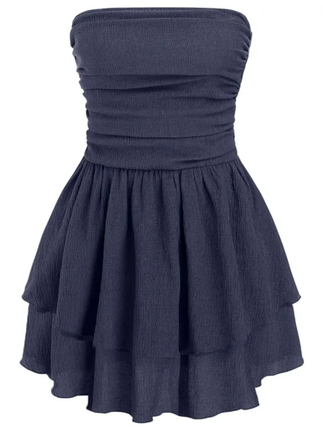 Hiccup Strapless Textured Ruffle Minijurk Marineblauw