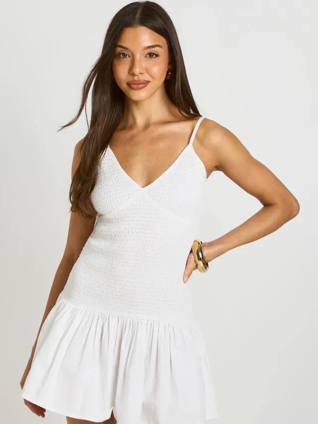 boohoo Dames Mini Jurk Met Gerimpeld Lijfje Van Popeline Ivoor
