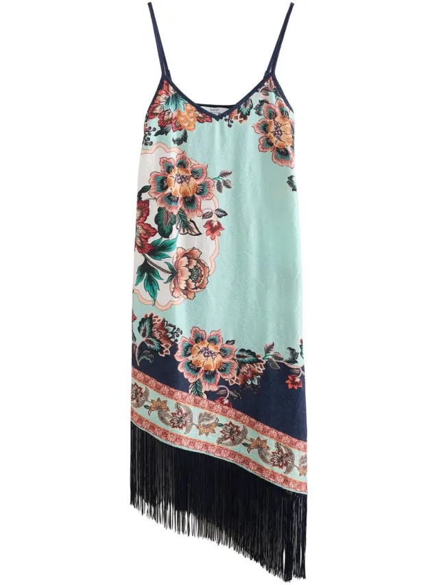 Next Dames - Midi-jurk met bandjes, asymmetrische zoom en franjes - Tall - Groen Navy/Peach Floral
