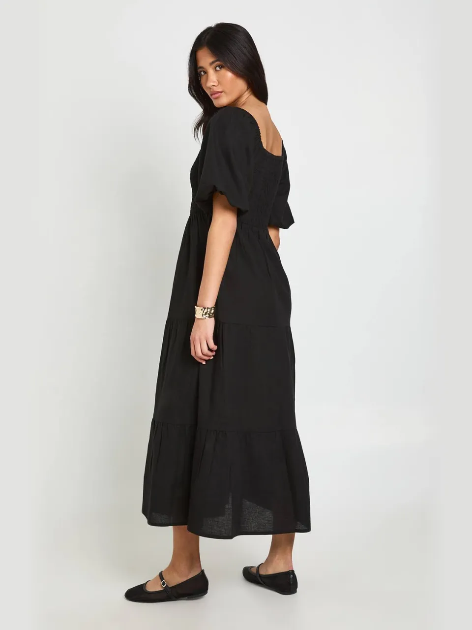 boohoo Dames Linnen-look Jurk Met Volumineuze Mouwen En Gelaagde Midaxi Lengte zwart, foto 2