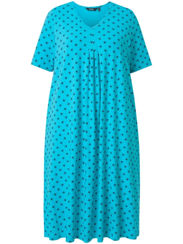 Ulla Popken Dames - Midi-jurk sterren V-hals korte mouwen zakken - Diepaqua - Maat 42+