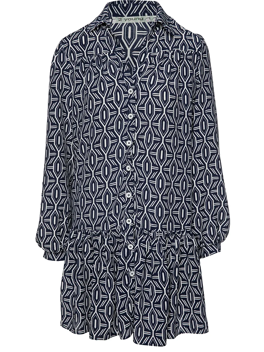 Conquista Navy en witte print jurk met knopen, foto 2