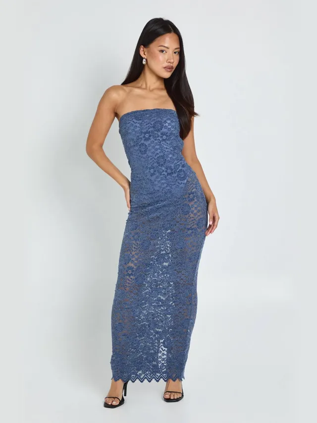 boohoo Dames Petite fluwelen kanten bandeau maxi-jurk Blauw