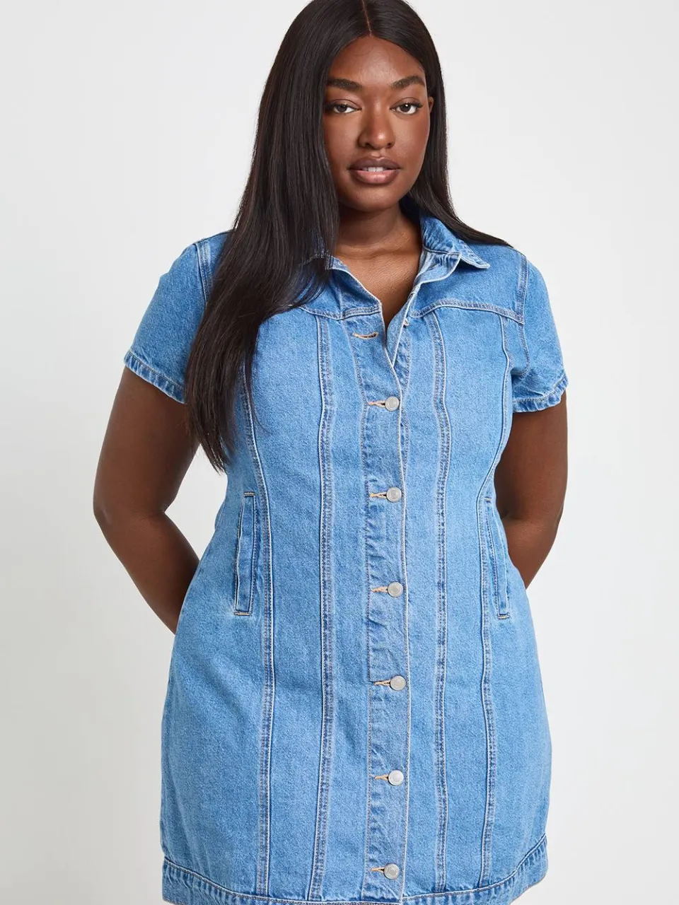 boohoo Dames Plus Western Denim Mini Jurk Met Korte Mouwen, foto 2