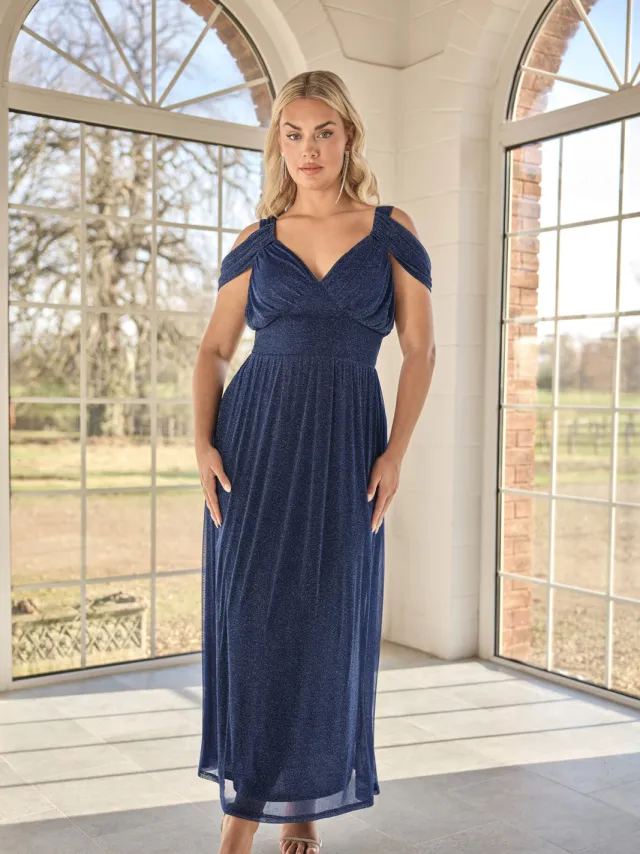 Yours London Maxijurk Met Blote Schouders In Metallic Donkerblauw Blue