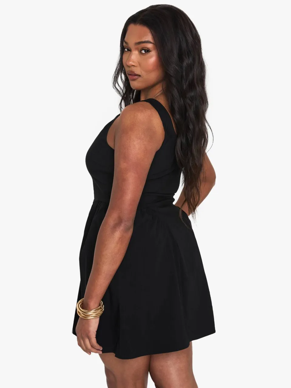 boohoo Dames Plus Geruichte Skaterjurk met Vierkante Halslijn zwart, foto 2