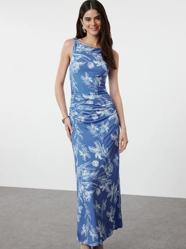 Trendyol TRENDYOLMİLLA Dames Blauw Bloemen Maxi Mouwloos Avond / Dagelijks A-lijn Jurken