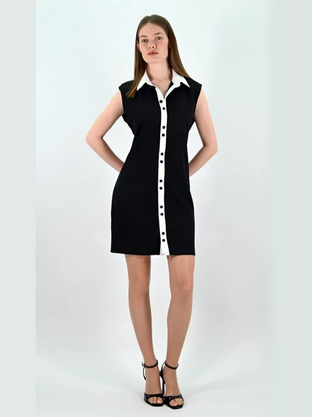 YESMOOI Contrast Mini Jurk - Doorknoopjurk met kraag - S (36) Zwart