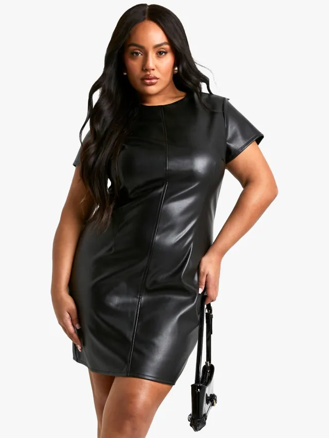 boohoo Dames Plus PU Cap Sleeve Shift Jurk Zwart