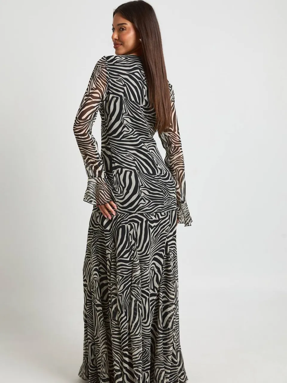 boohoo Dames Chiffon Ruffle Zebra Fit & Flare Maxi Jurk zwart, foto 2