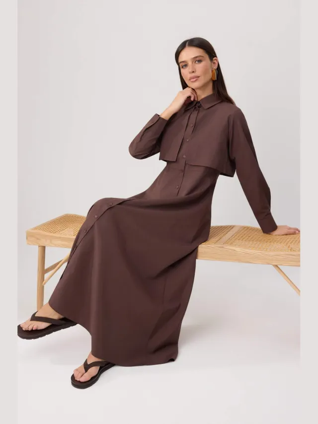 Trendyol Modest Dames Bruin Effen Maxi Lang Skater Modest Jurken
