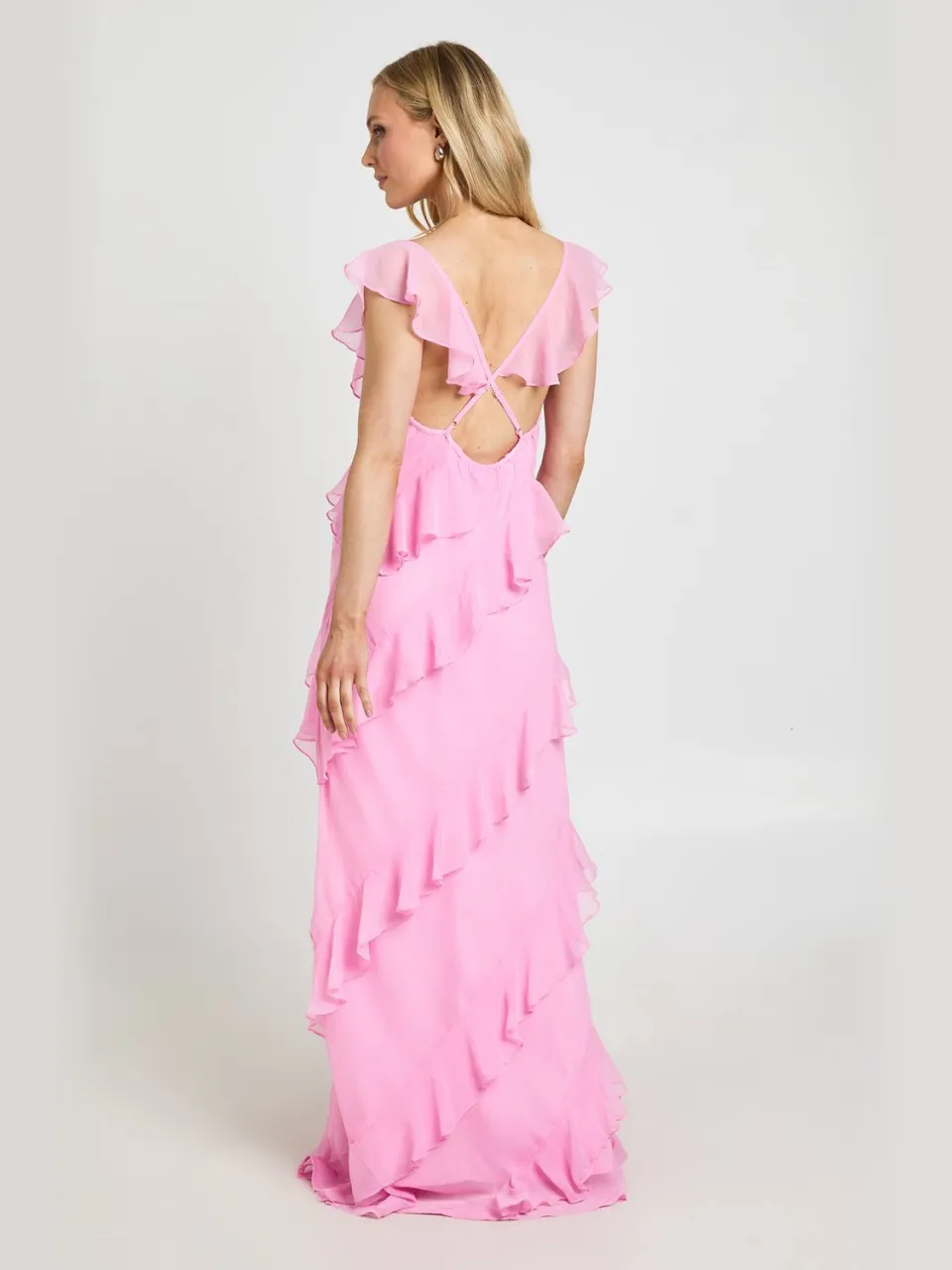 boohoo Dames Petite Chiffon Ruffle Vloerlange Maxi Jurk roze, foto 3