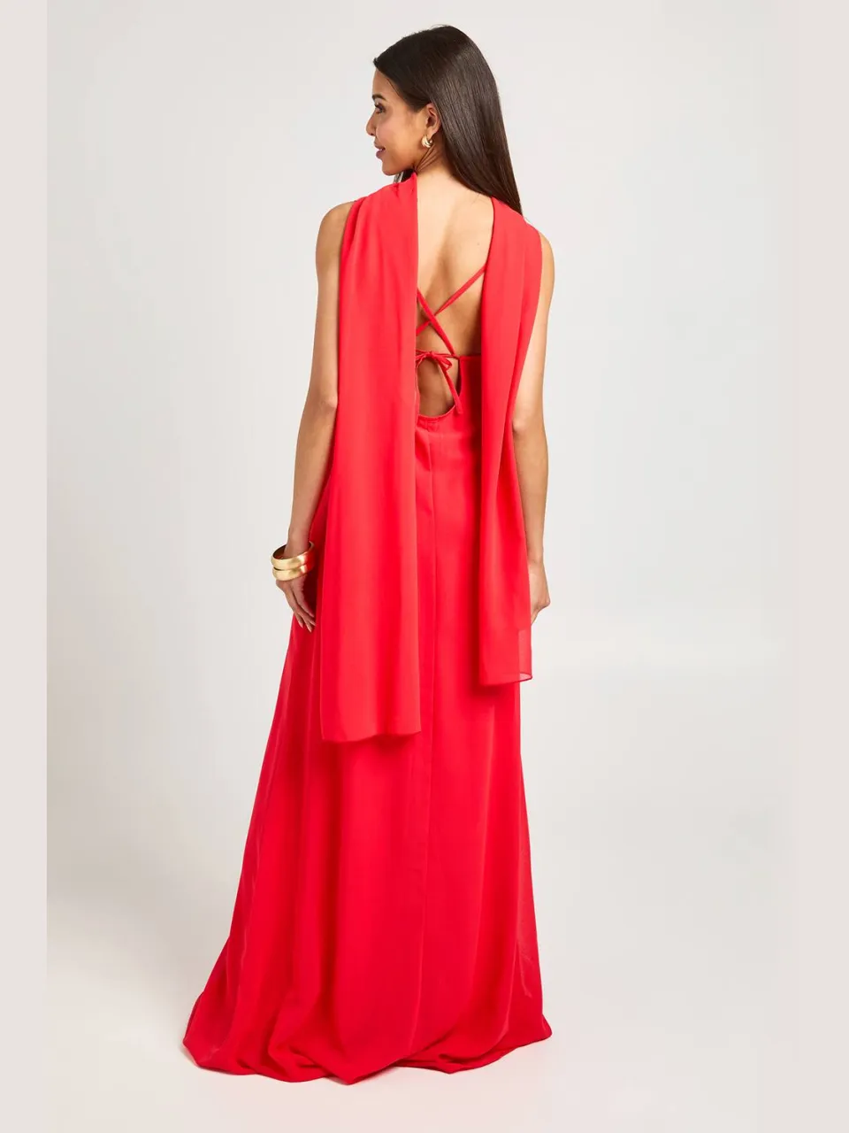 boohoo Dames Lange Chiffon Maxi Jurk Met Waterval Halslijn En Sjaal rood, foto 3