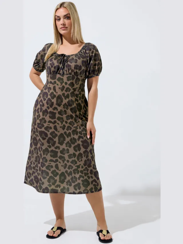 Limited Collection Bruine Luipaard Jurk Met Striksluiting Bij De Hals Brown