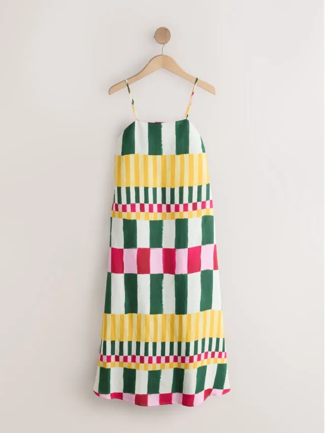 Next Dames - Midi-jurk met vierkante halslijn en veel linnen - Groen Multi Stripe