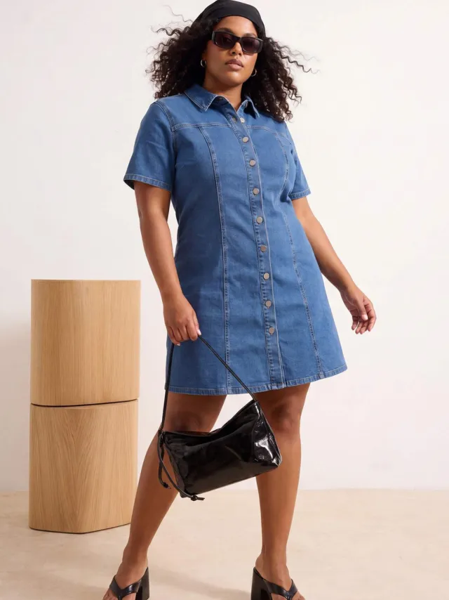 Trendyol Curve Dames Blauw Effen Kort / Mini Kort A-lijn Grote maten Jurk