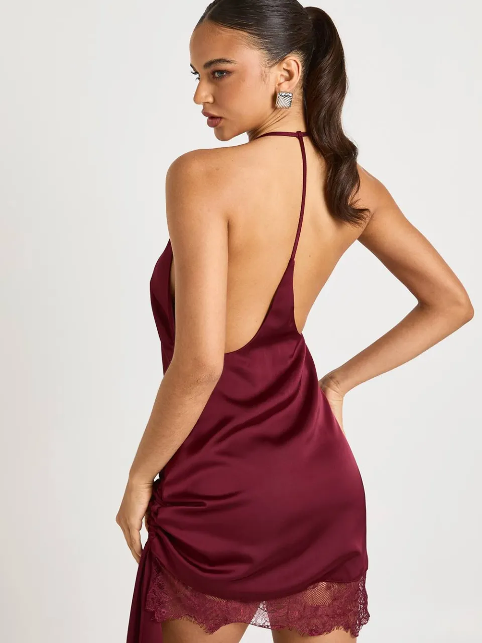 boohoo Dames Wikkeljurk met kant bordeaux rood, foto 2