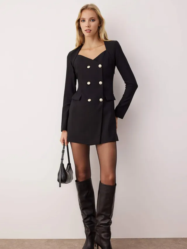 Trendyol TRENDYOLMİLLA Dames Zwart Effen Kort / Mini Lang Avond / Dagelijks Blazer Jurk Jurken