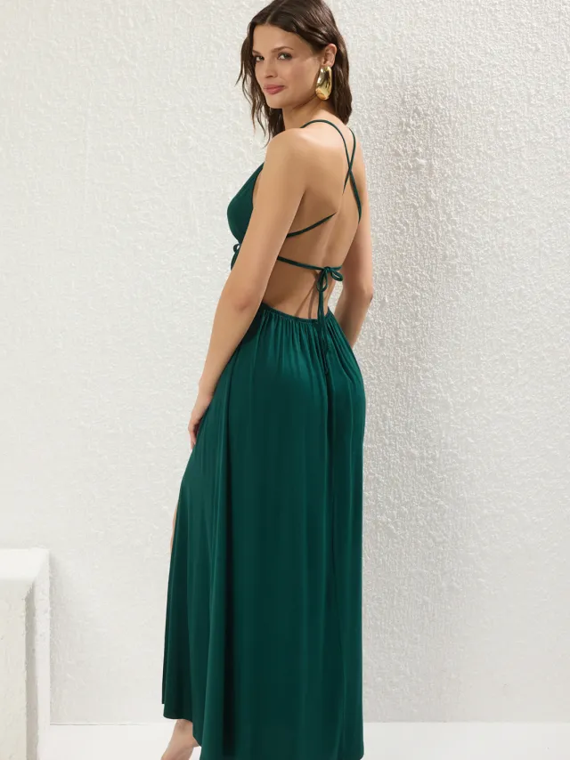 Trendyol TRENDYOLMİLLA Dames Groen Effen Maxi Mouwloos Strandkleding A-lijn Strandjurken, foto 2