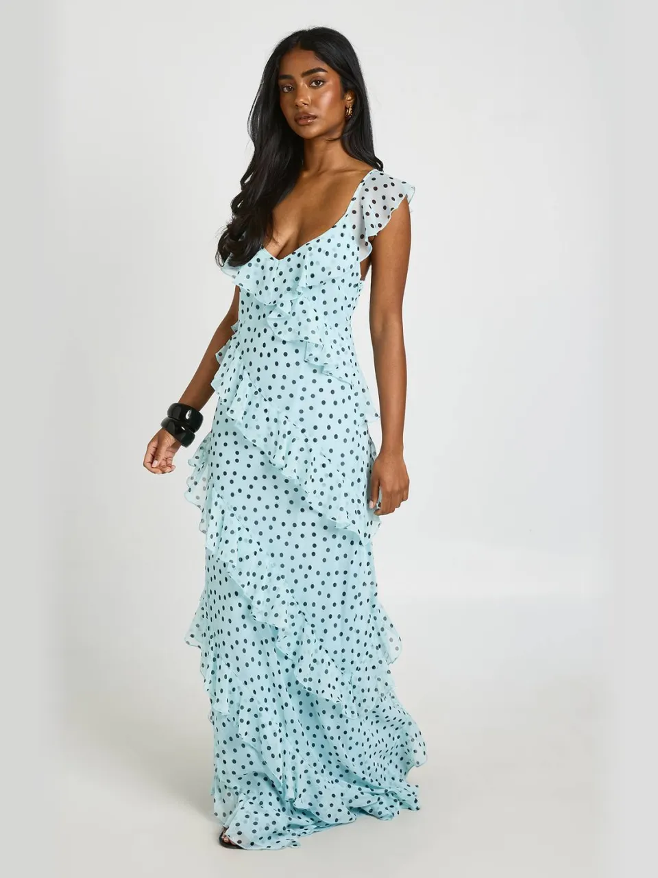 boohoo Dames Chiffon Maxi Jurk Met Ruches En Polkadots En Bandjes aqua, foto 2