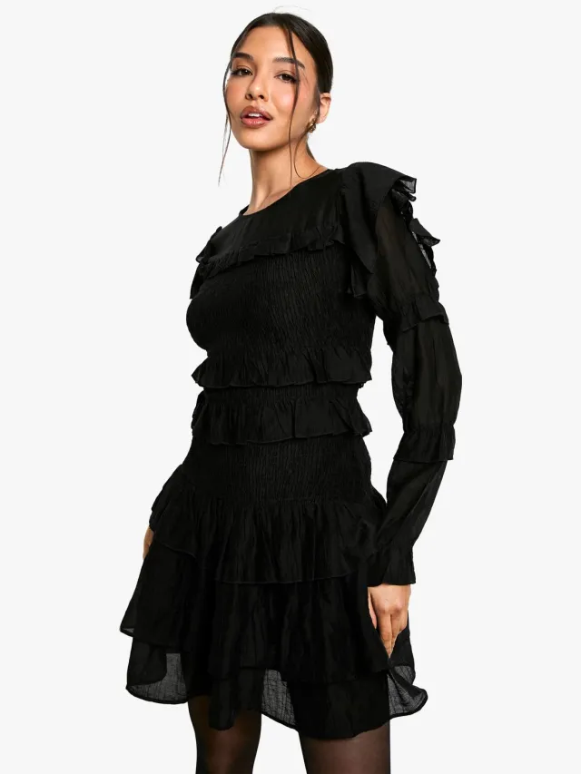boohoo Dames Sheered Long Sleeve Ruffle Mini Dress Zwart