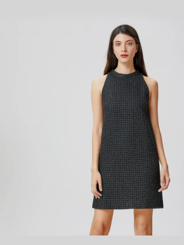 S&J Weekends Mouwloze tweed korte trapezejurk Zwart