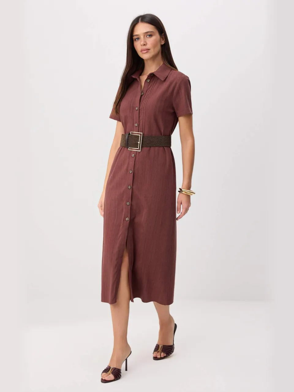 Trendyol TRENDYOLMİLLA Dames Bruin Effen Midi Kort Blousejurk Jurken