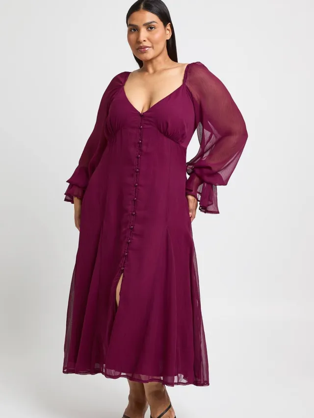 boohoo Dames Plus Midi-jurk Met Gestructureerde Chiffon En Godet Zoom Kersen